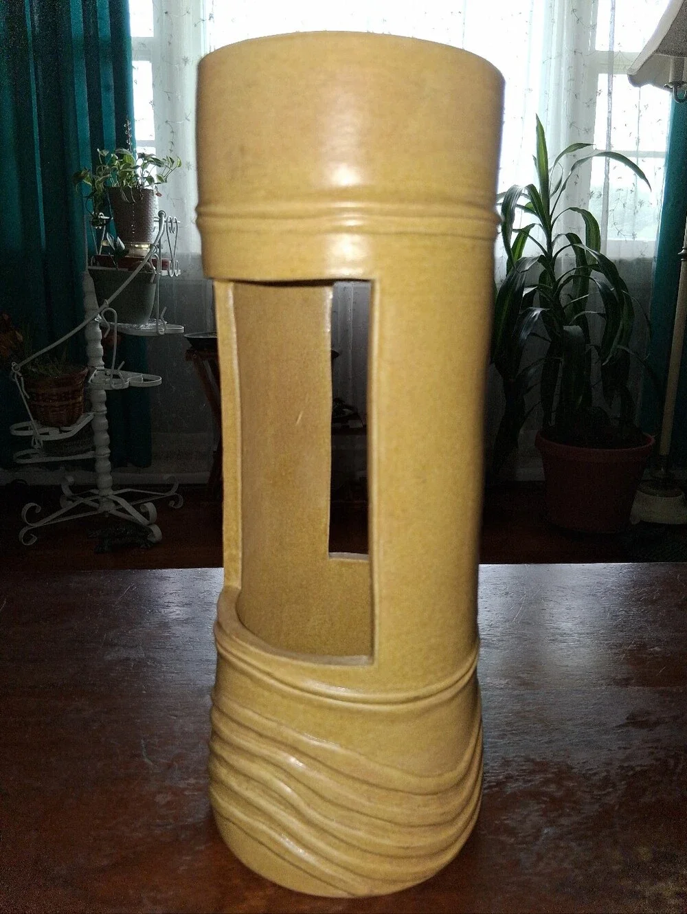 1970s Studio Pottery Double Window Cutout Vase, Signed